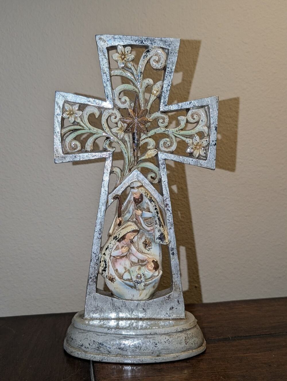 Vintage St. Nicholas Square Nativity Scene Cross Christmas Tabletop Decor 11.5"